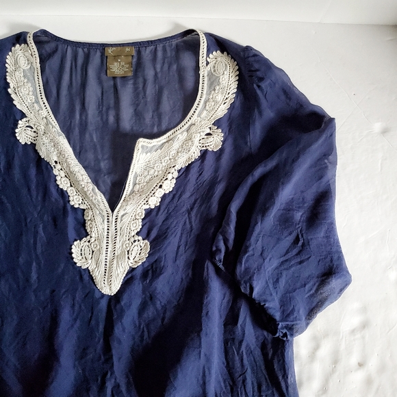 Anthropologie Tops - ANTHROPOLOGIE Fei Navy Silk Lace Trim Top M